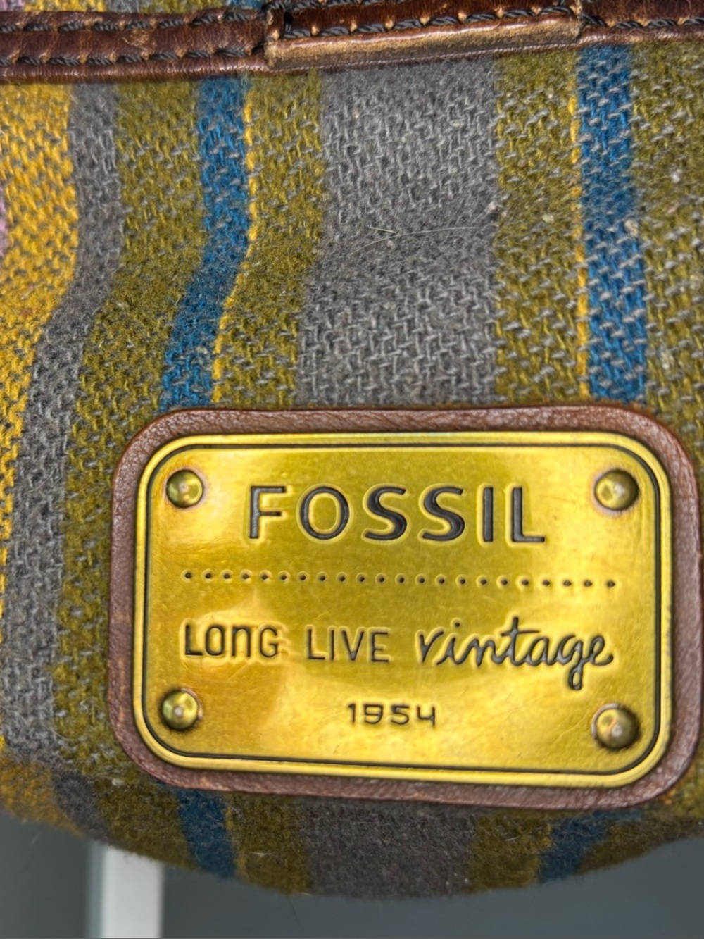 Vintage Fossil Striped Fabric Crossbody with Brown Leather Trim - Picture 2 of 16